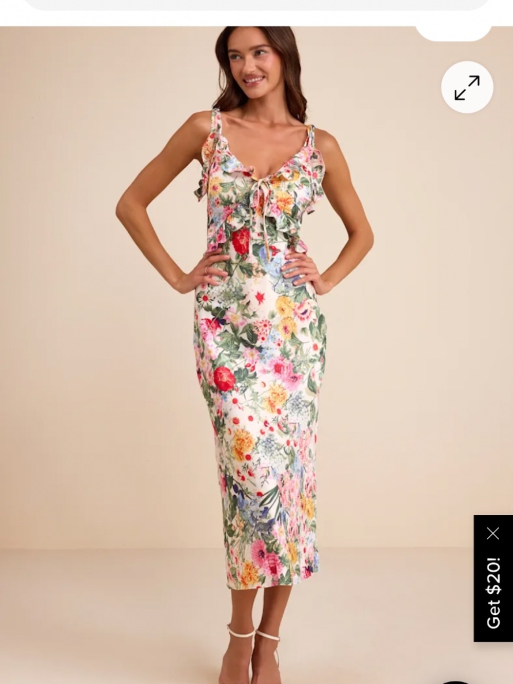 Lulus Clelia Ivory Multi Floral Satin Ruffled Tie-strap Midi Dress White